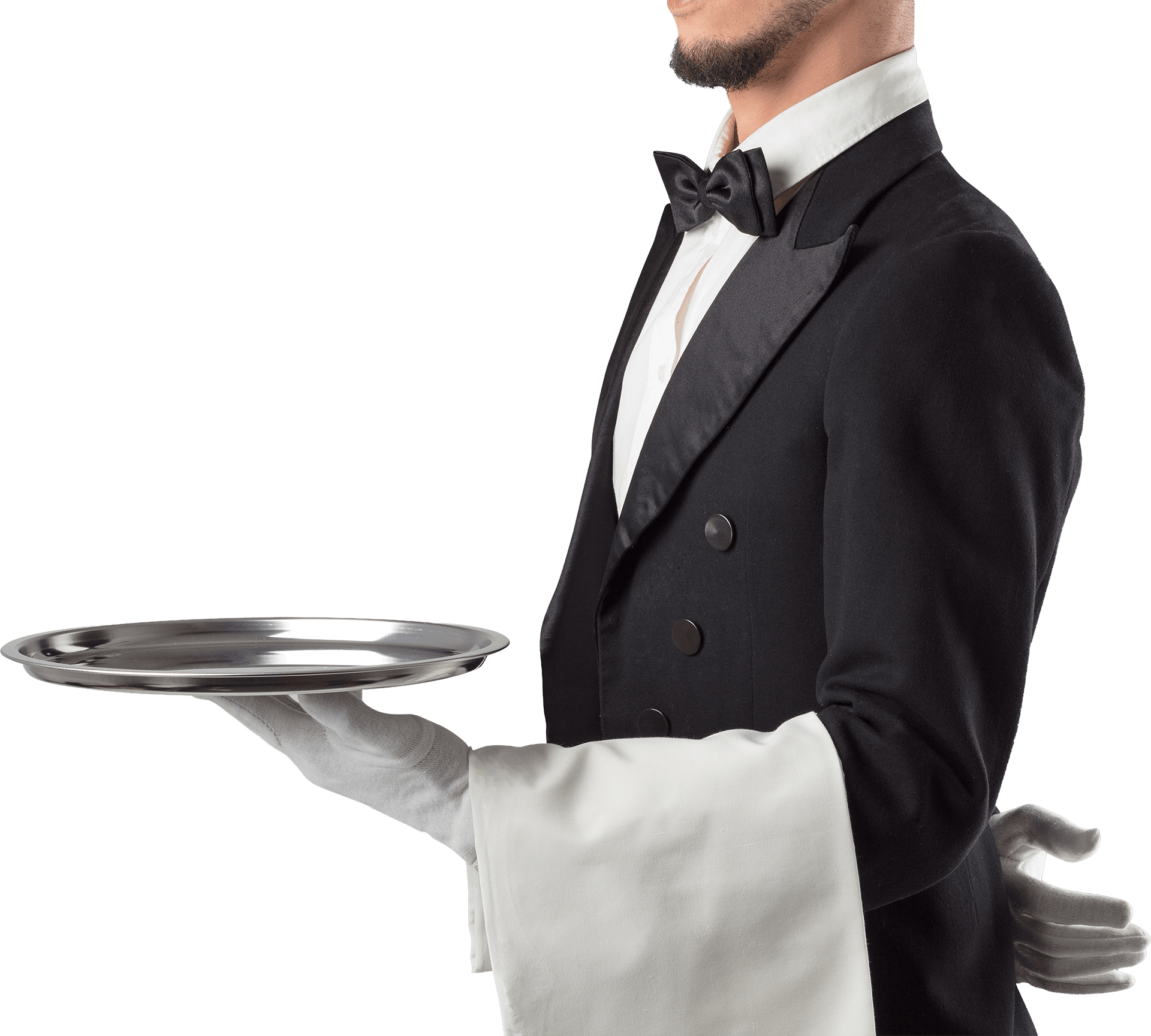 Butler facing left dressed in formal attire holding an empty trey