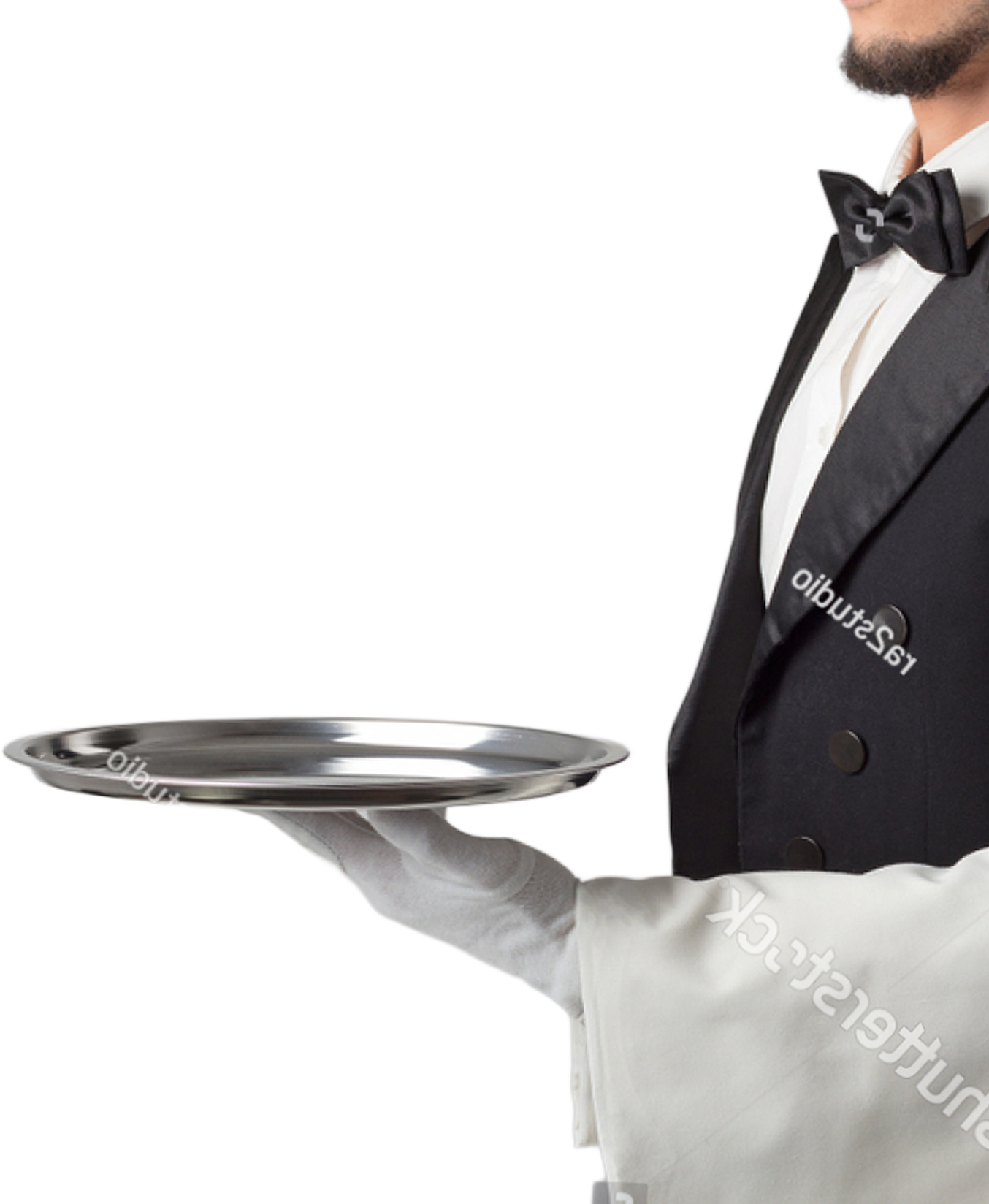 Butler facing left dressed in formal attire holding an empty trey